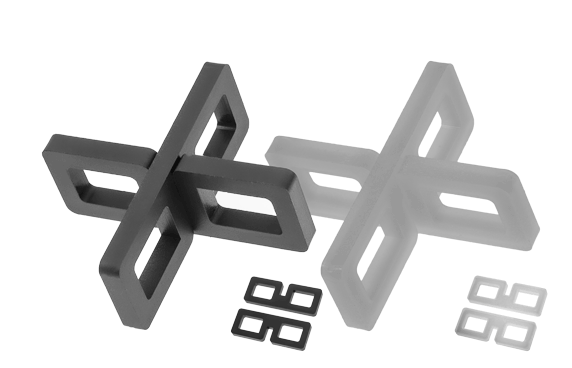 Croisillons d'écartement pour terrasse emboitable et noir, en vue monté et éclatée